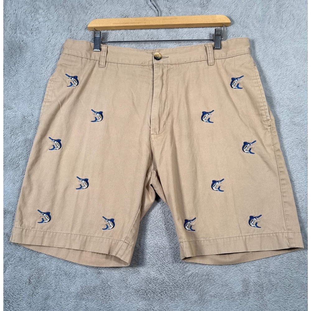 Island Republic Mens Shorts 36 Tan Blue Embroidered Swordfish Casual Chino Golf‎